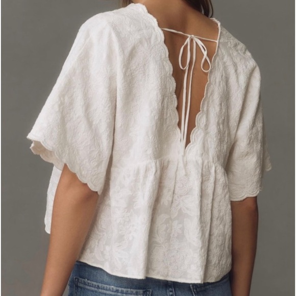 Anthropologie white floral stitched V neck flowy top, tie back, Medium,NWT - Picture 6 of 11